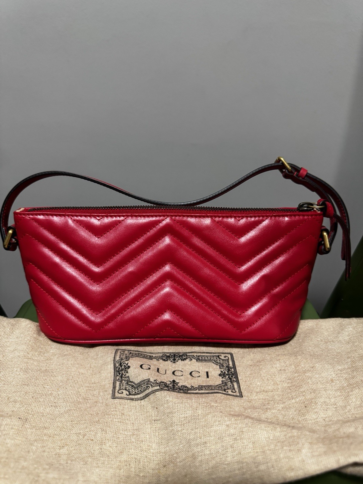 Gucci GG Marmont Matelassé Red Leather Small Shoulder Bag Zip Top Italy