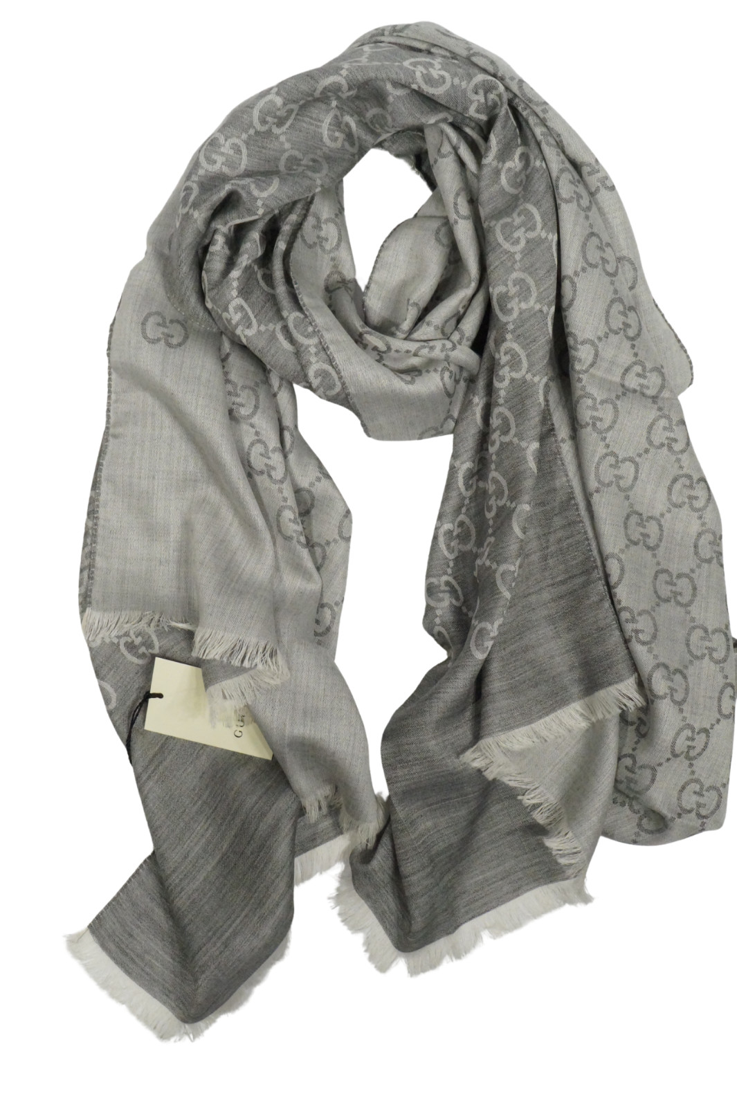 NWT Gucci GG Large Double Jacquard Wool-Silk Blend Gray Scarf Shawl ITALY 200cm