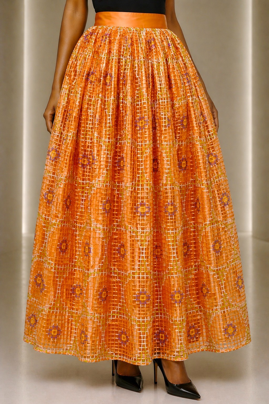 PIERRE CARDIN- 2000 Orange Painted Raffia Ballgown Skirt, Size 4