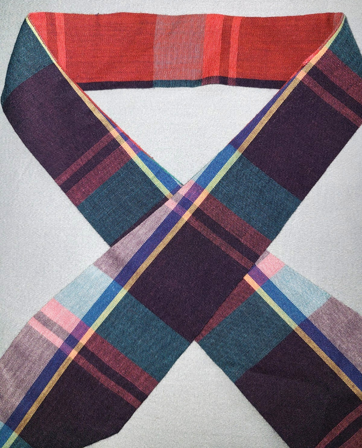 Vtg cotton Madras plaid multicolor reversible tie, red blue purple green