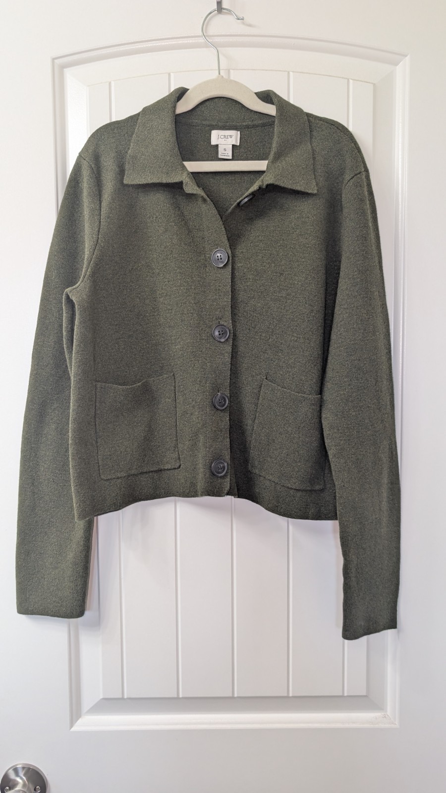J.CREW Green Knit 100% Cotton Button Front Collared Cardigan Pockets S