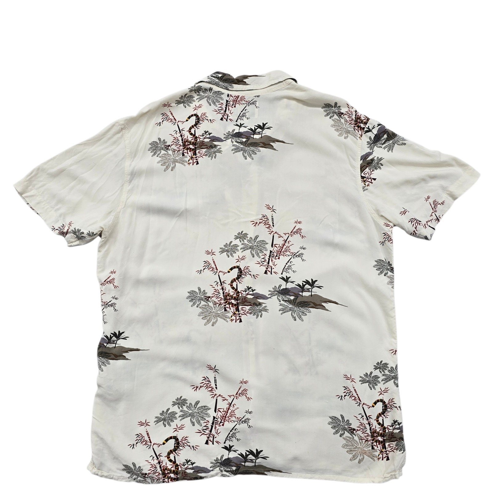 Pull & Bear Mens Shirt M Cream Tropical Bamboo Bird Resort
