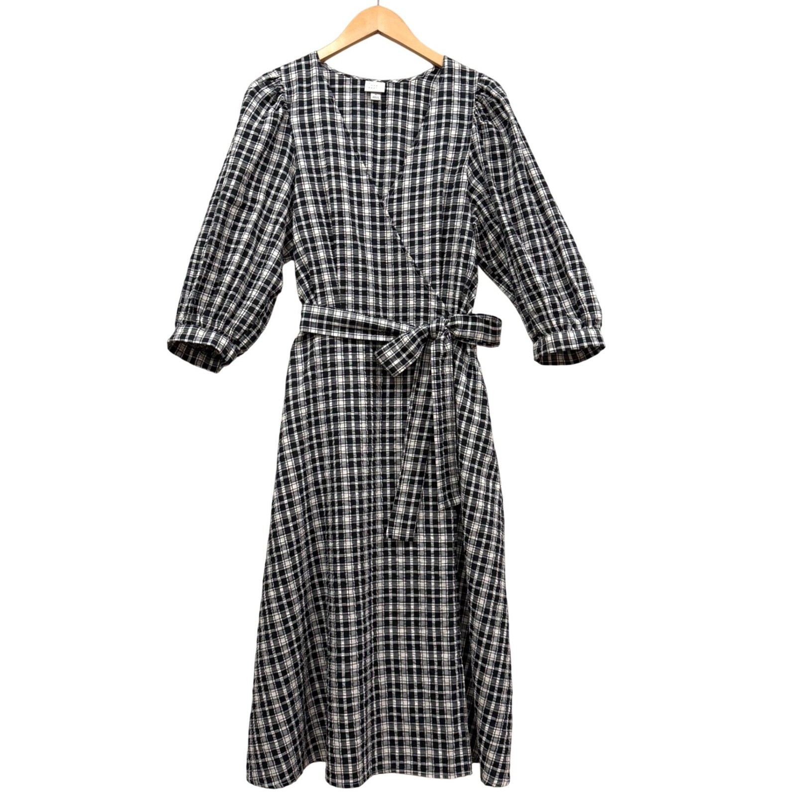 Black White Plaid Faux Wrap Midi Dress Puff Sleeve Gingham M Cottagecore Picnic