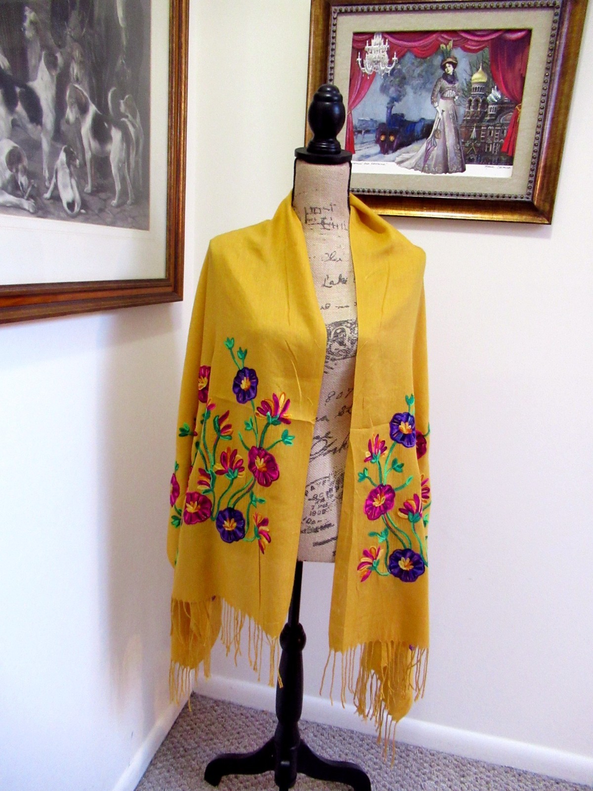 MEXICAN EMBROIDERED SOFT FRINGED SHAWL REBOZO WRAP 76 X 28 – MADE in MEXICO