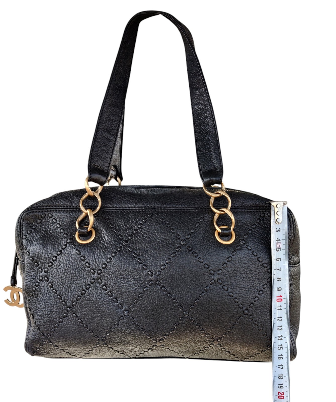 Vintage Chanel Black Leather Bowling Bag Surpique Gold CC Zip Authentic Shoulder