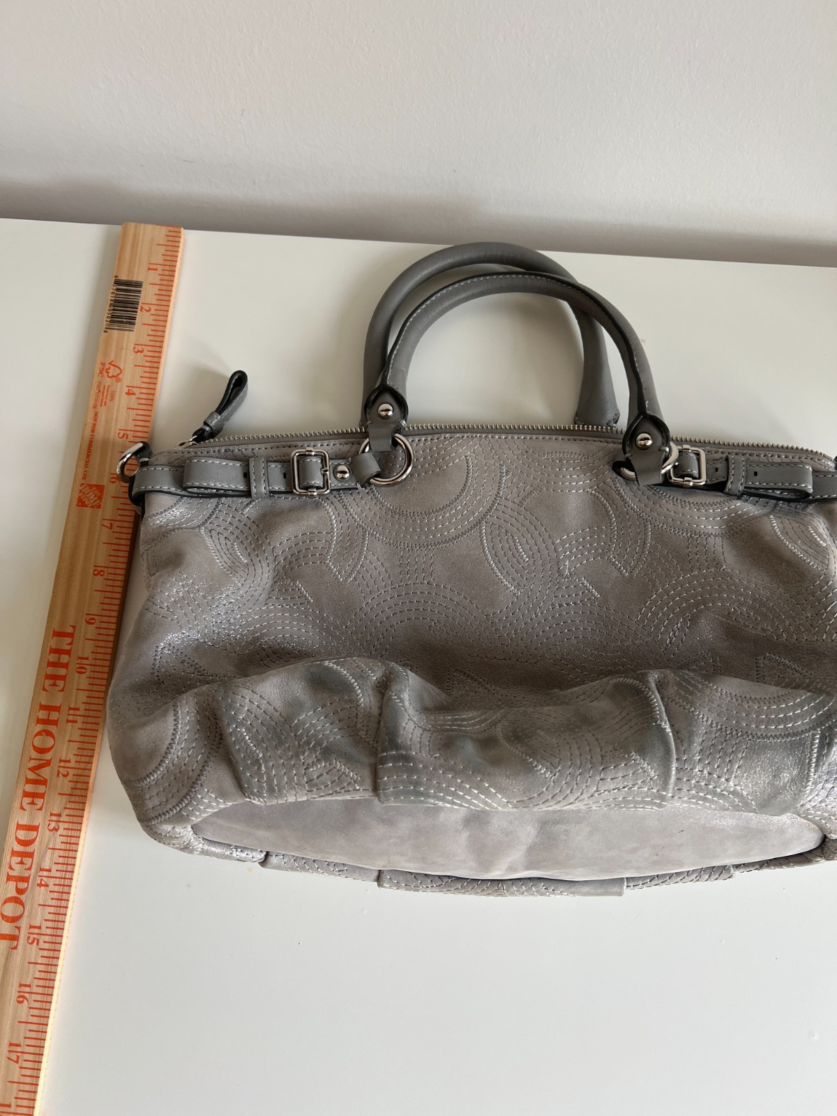 Coach 18624 Madison Sophia Stitched OpArt Satchel Handbag Satin Silver Metallic