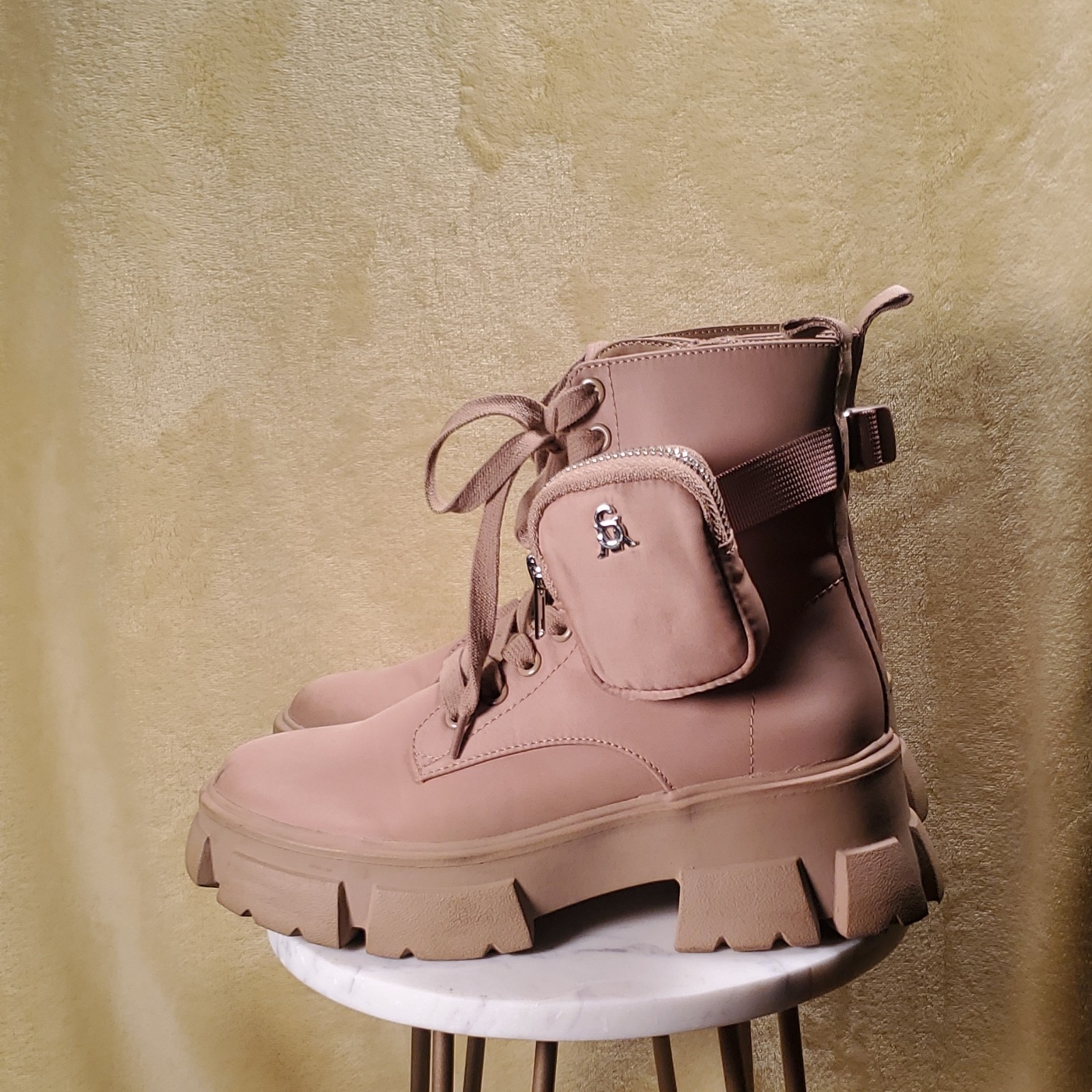 Steve Madden Thunder Women’s Beige Mid-Calf Combat Boots US 7 Pouch Lug Sole