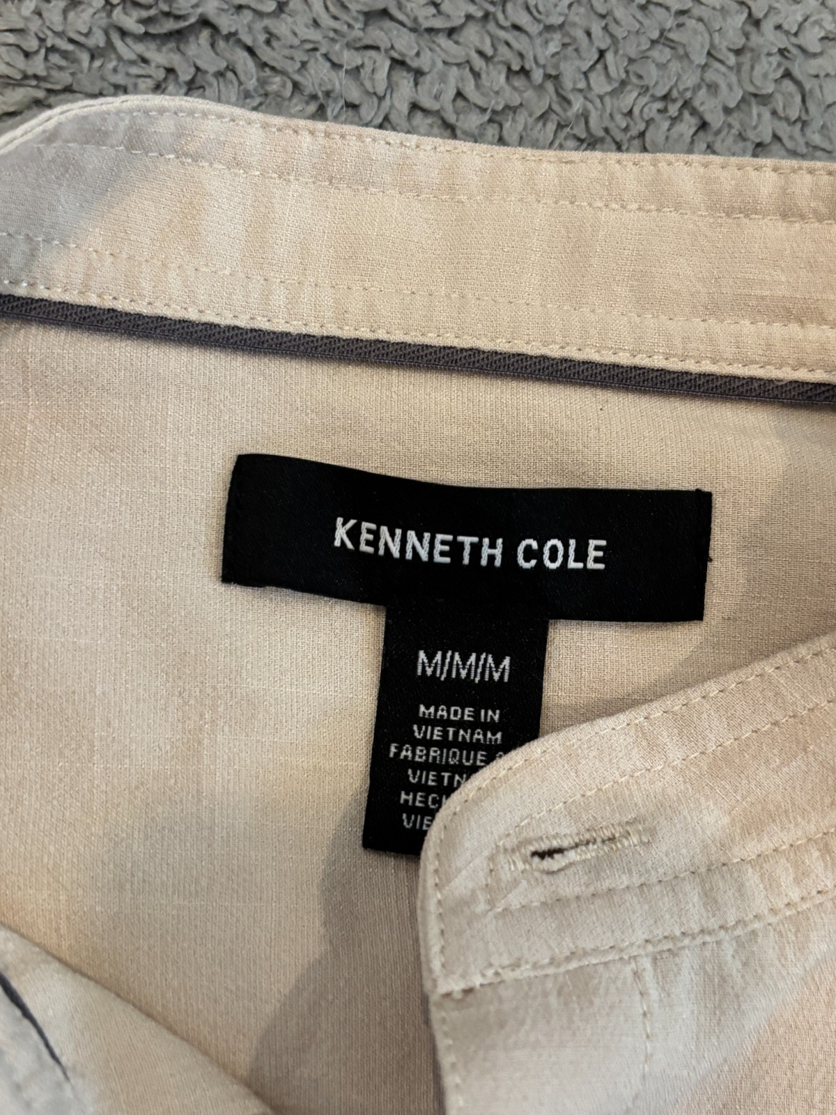 Kenneth Cole Shirt Mens Medium Beige Rayon Blend Band Collar Lightweight Office