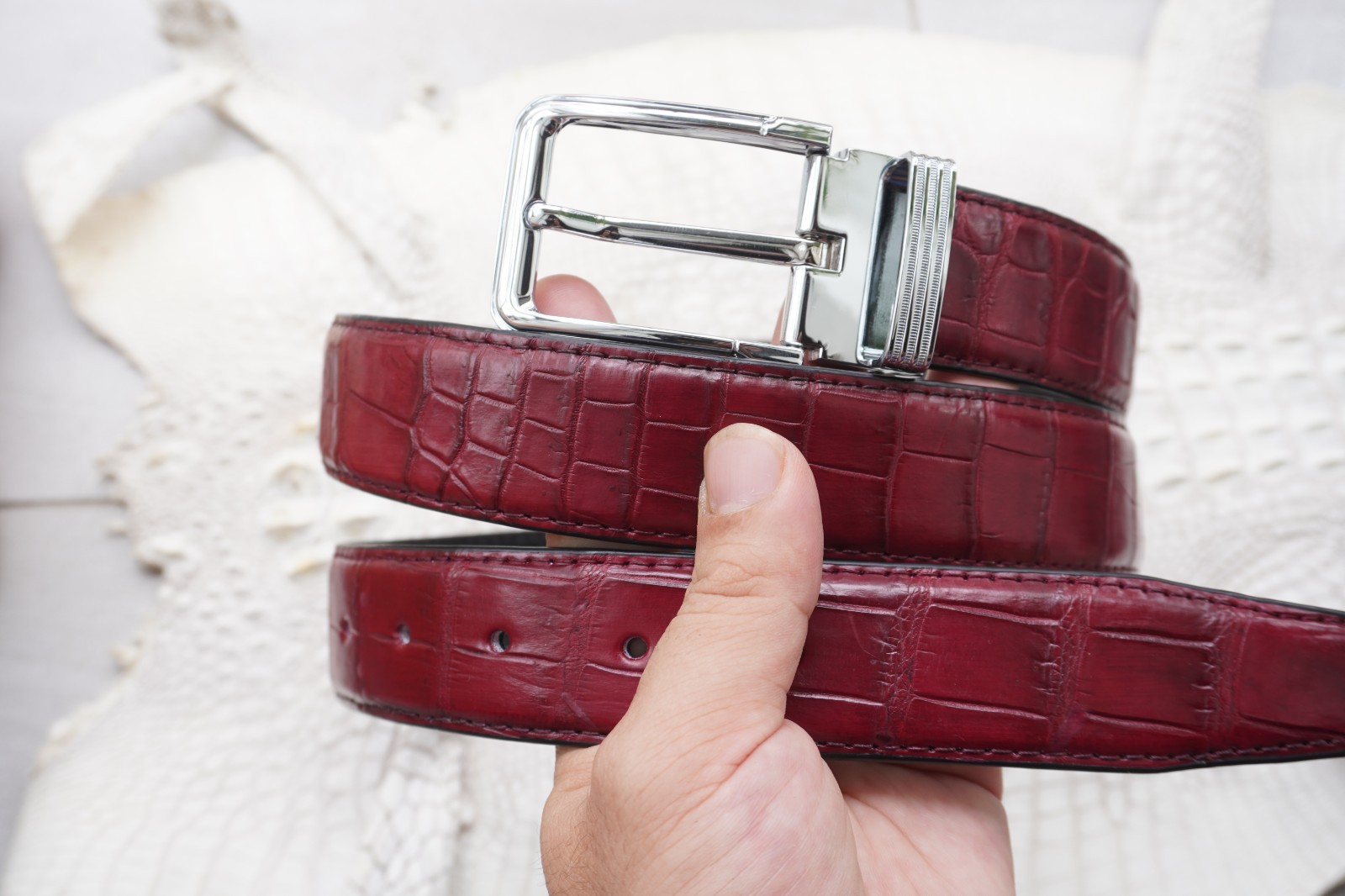 W 1.3 inch- Burgundy Genuine CROCODILE Belly LEATHER Skin Men’s Belt