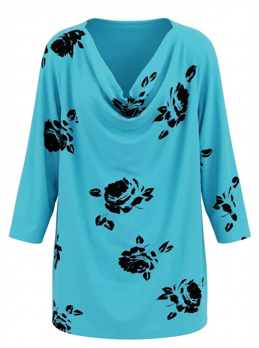 Kim & Cami Women’s Top 3/4 Sleeve Turquoise Floral Cowl Neck Plus Size 1X