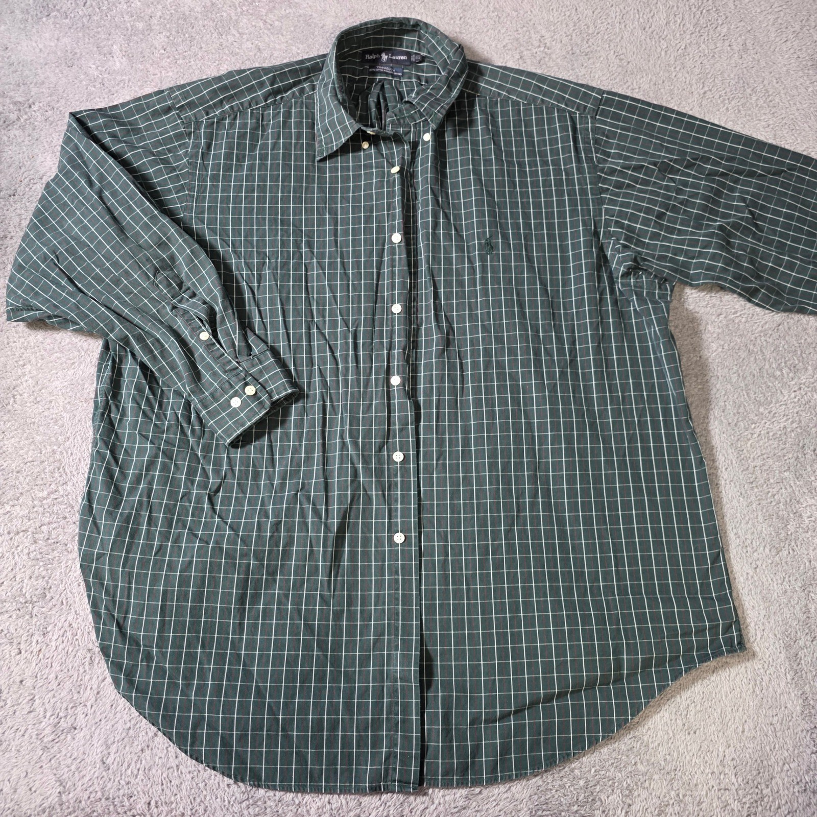 Ralph Lauren Mens 17.5 34/35 Yarmouth Button Down Green Windowpane Oxford Shirt