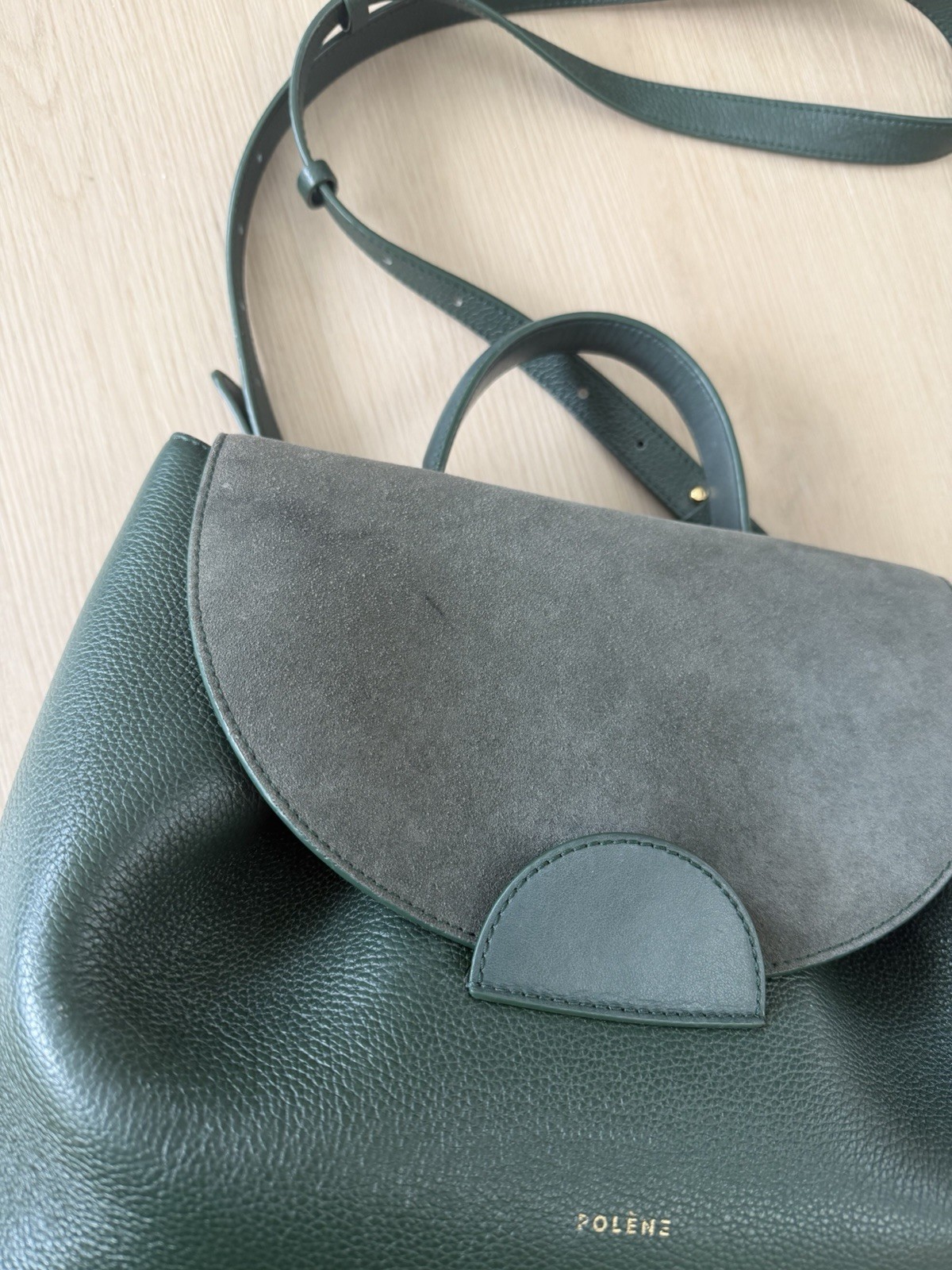 Polene Numéro Un Leather Suede Trim Handle Bag Forest Green