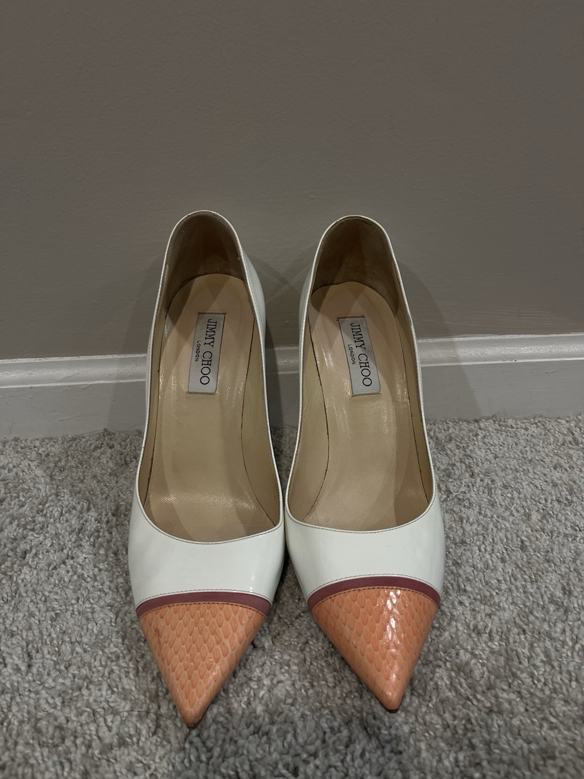 Jimmy Choo Capri White Sorbet & Grapefruit Pointy Toe Pumps, Size 40