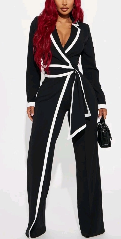 Fashion Nova True Boss Jumpsuit Womens M Black White Trim Mobwife Office Siren