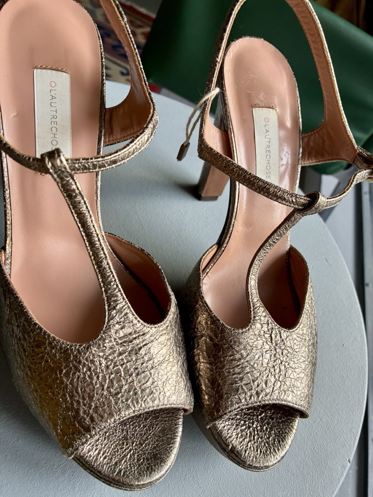 THE OTHER THING T-Strap High Heel Platform Sandal Bronze/Gold Cracklé Leather n.40
