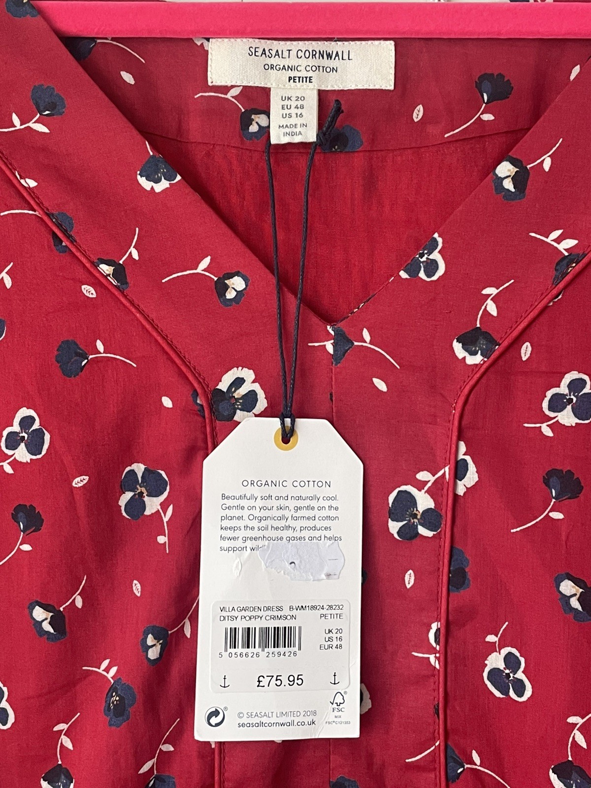 💝 Seasalt ” VILLA GARDEN ” Red 100% Cotton Short Sleeve Dress Size 20 NEW