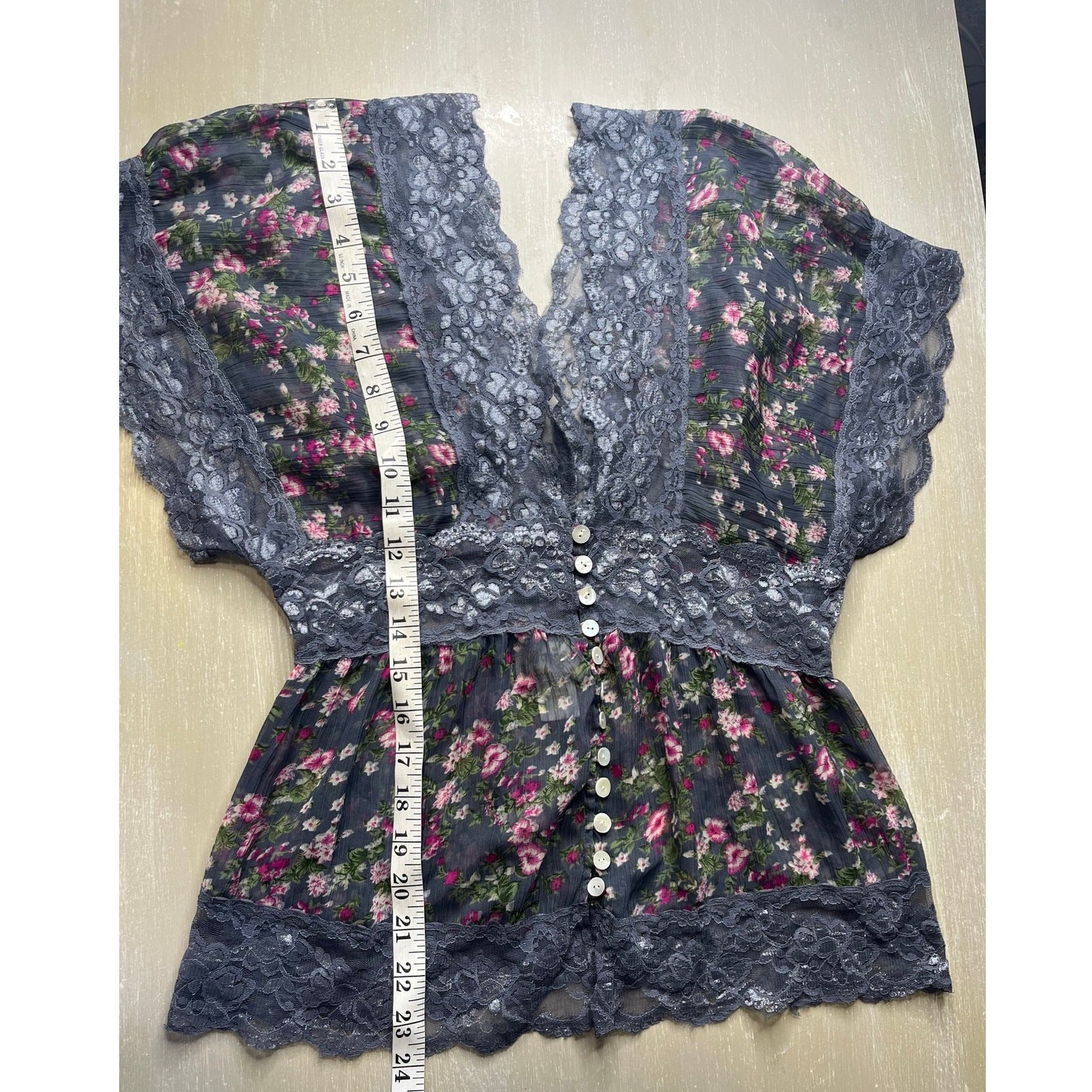 Passport Floral Sheer Boho Cottagecore Kaftan Style Blouse with Lace Trim