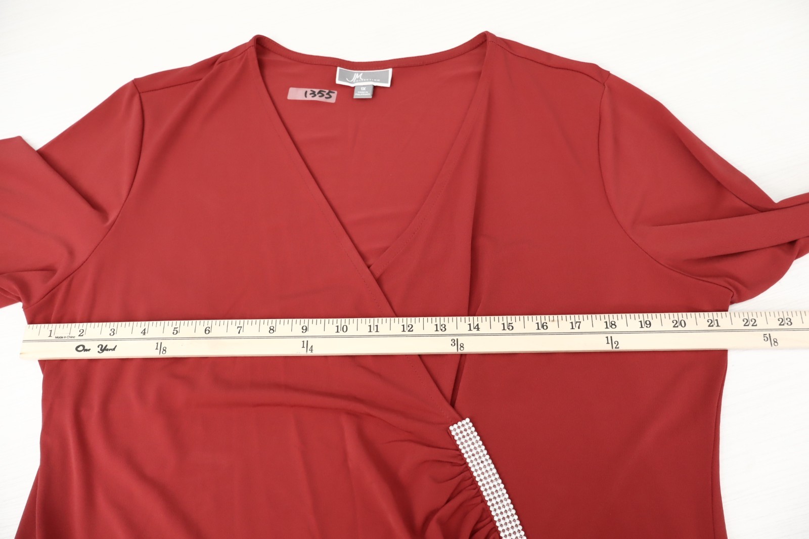 NEW JM COLLECTION Women’s Stretch Polyester Blouse Bead 3/4 Sleeve Deep Red 1X