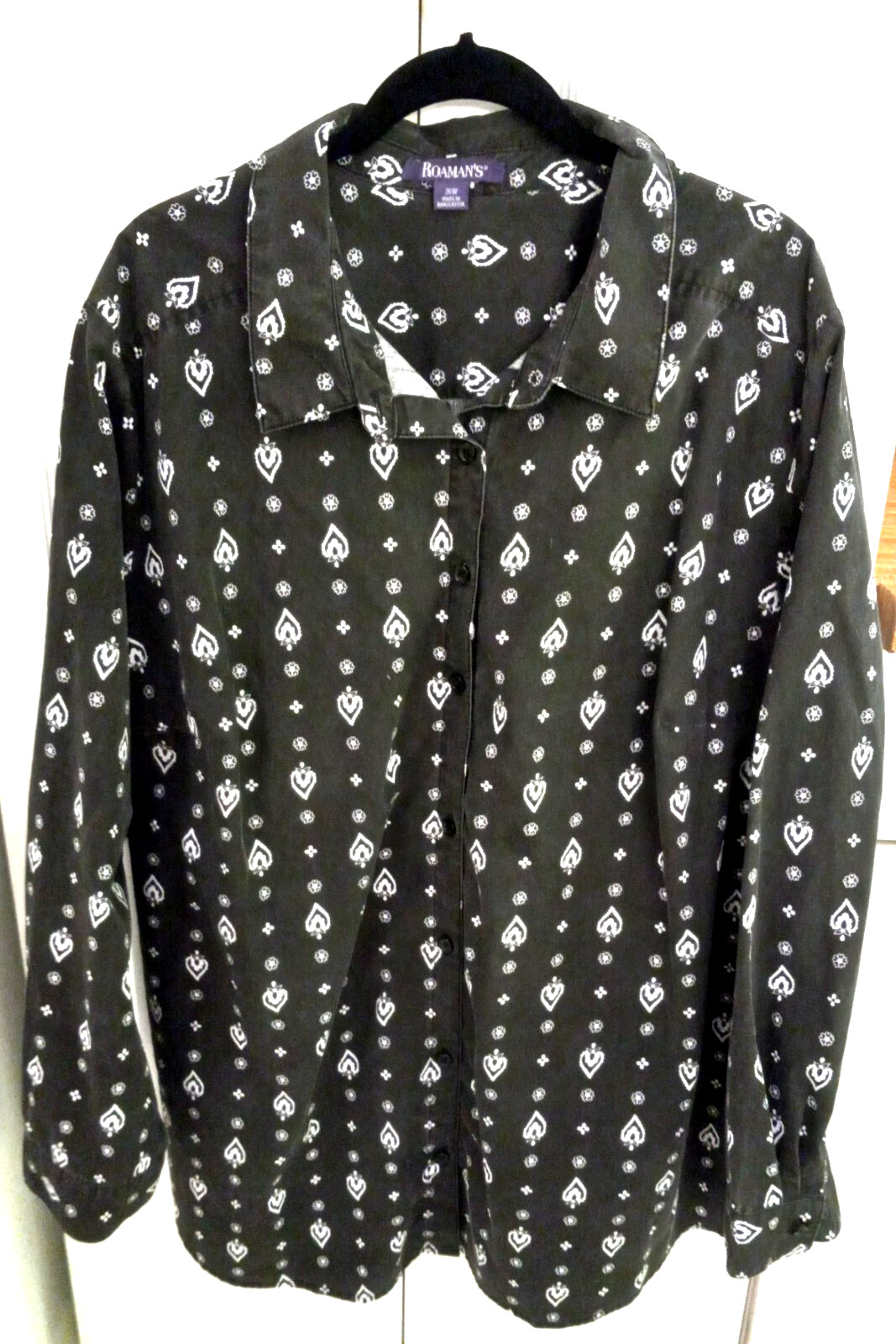 Roaman’s Womens Blouse 26W Plus 4X Charcoal Gray/White Button Longsleeve Darts