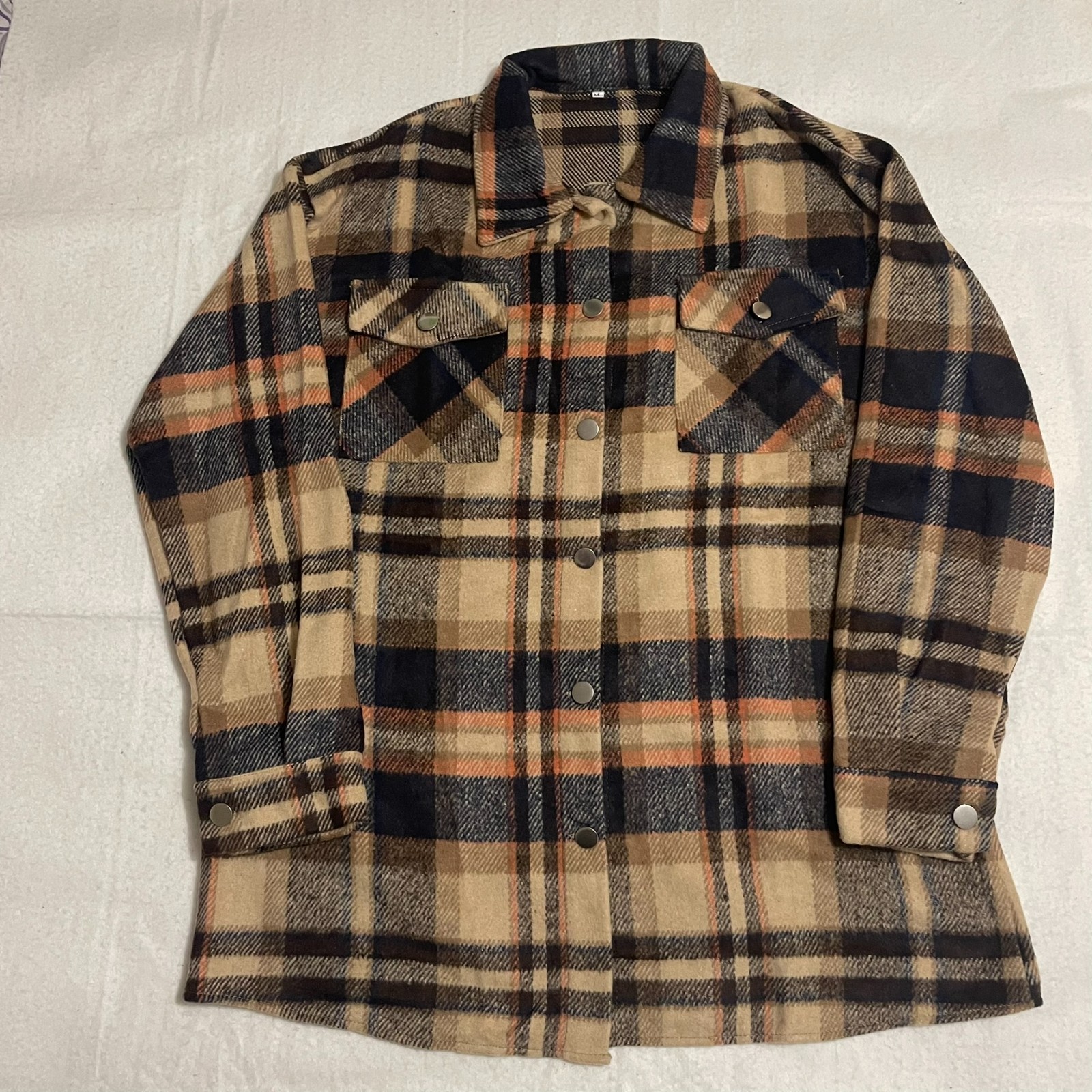 Women’s Black Orange Tan Button-Up Flannel Shirt Metallic Buttons Pockets Size M