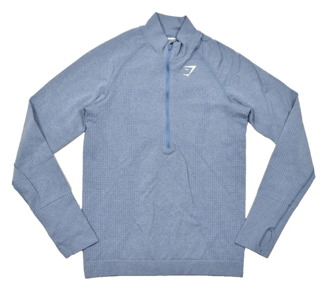 Gymshark Vital Seamless 2.0 1/4 Zip Pullover Blue Medium Thumbholes Gym Run
