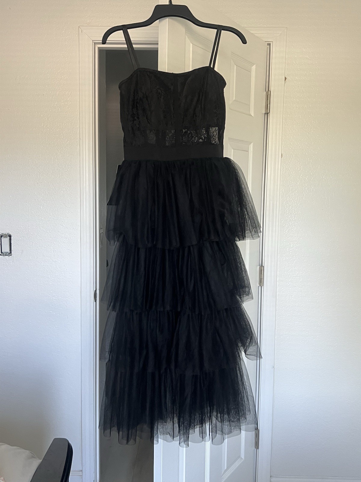 bebe Black Tulle Lace Corset Midi Dress Sweetheart Neckline Size M