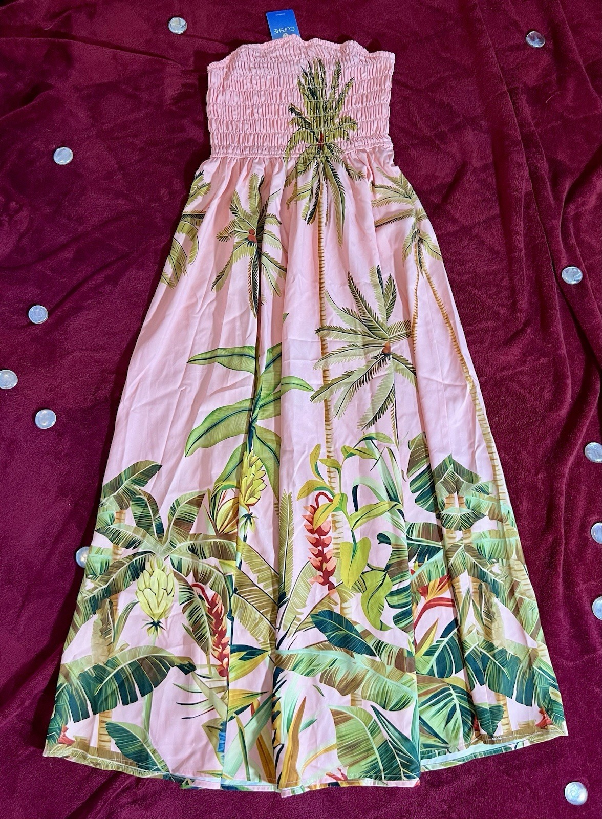 Cupshe Ocean Tropical Maxi Dress Pink Palm Tree Smocked Strapless Sz S NWT #J