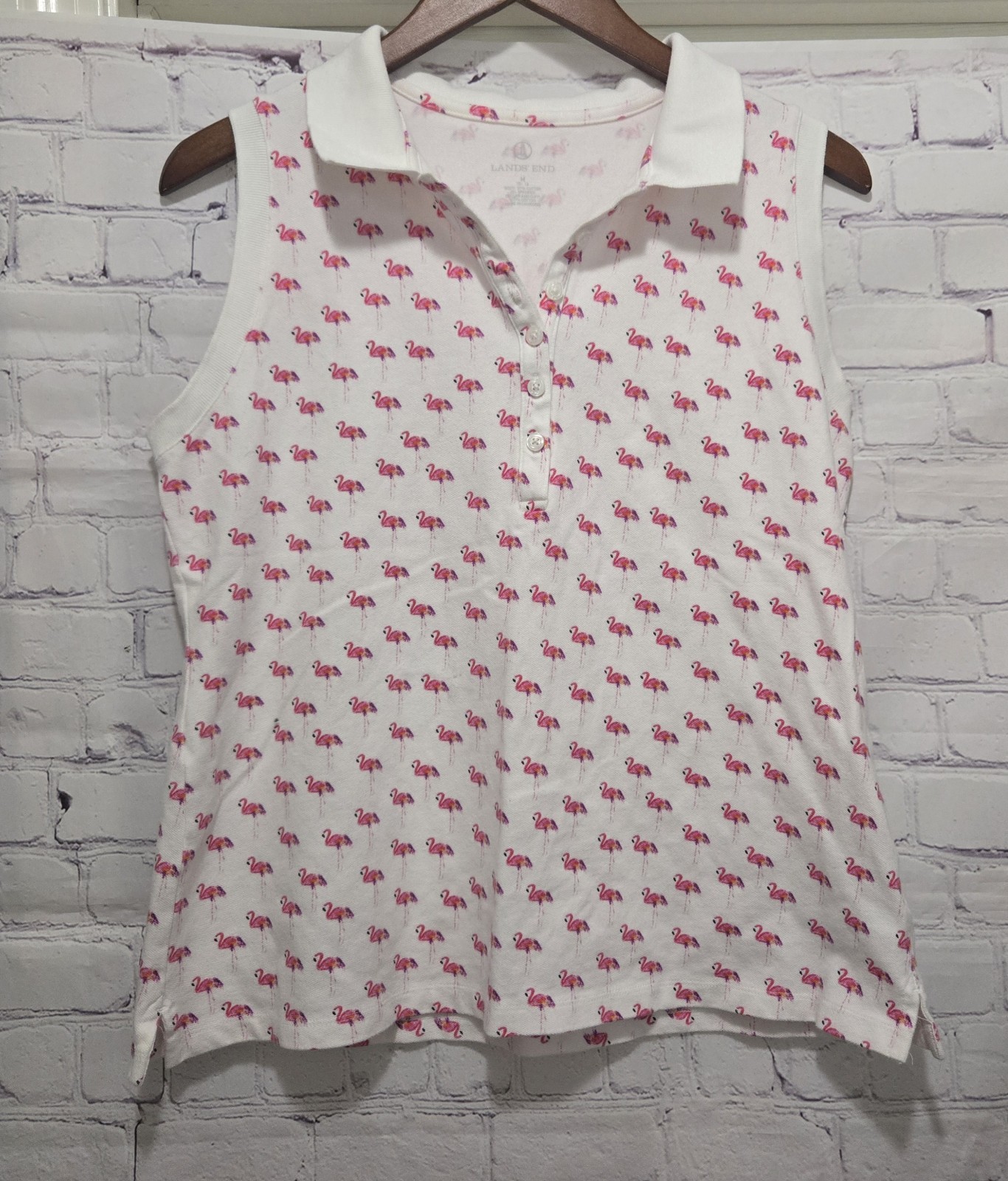 Lands’ End Womens Size M Sleeveless Polo Shirt Flamingo Summer Fun Preppy White
