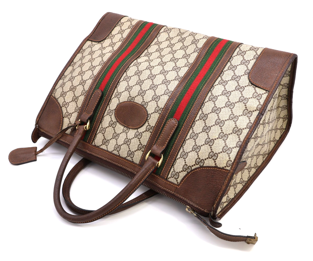 GUCCI VINTAGE Web Stripe Handbag Boston GG Supreme Classic Brown Rare Authentic