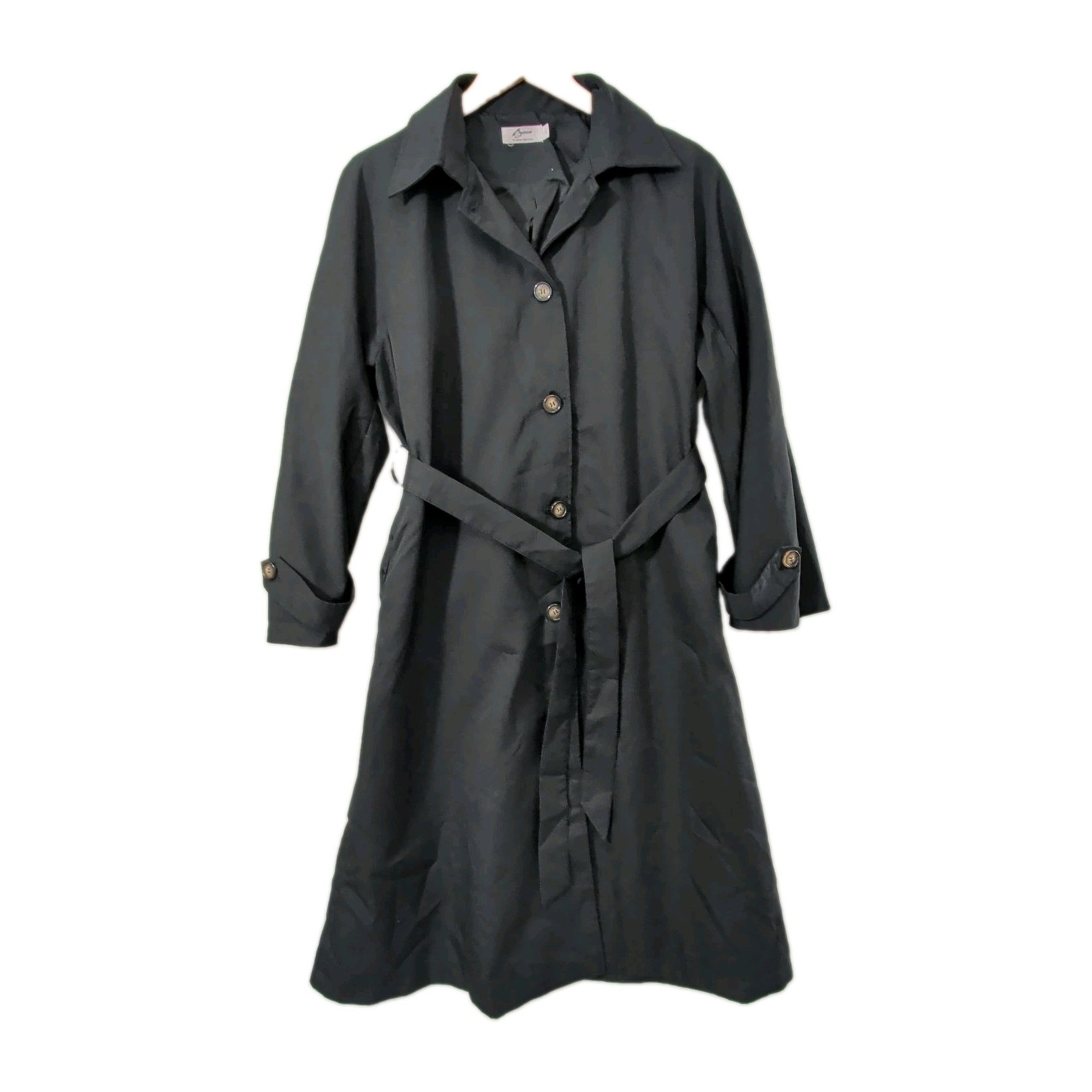 Belted Trench Coat Jacket Womens L Black Lined Outdoor Business Casual Capsule