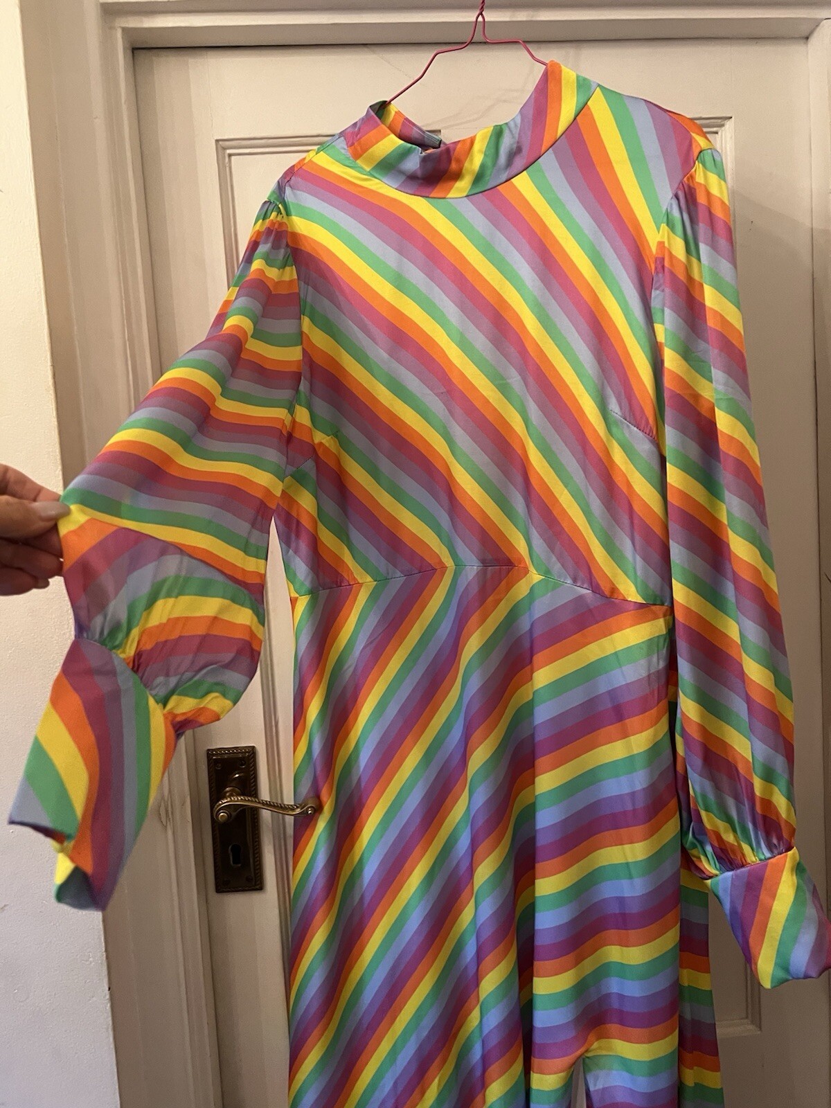 New Olivia Rubin Nessie Prism Stripe Silk Satin Print Midi Dress,UK 14