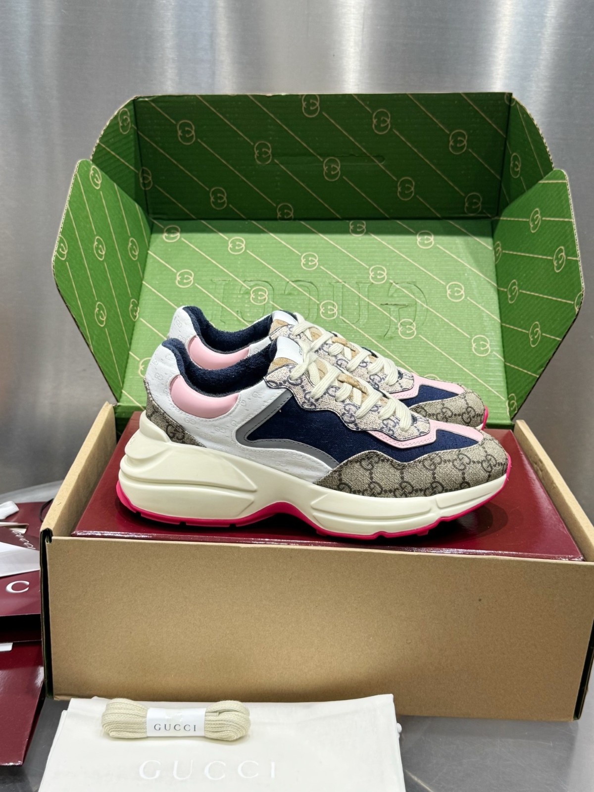 Gucci Rhyton Women Chunky Sneakers GG Supreme Canvas Beige Navy Pink