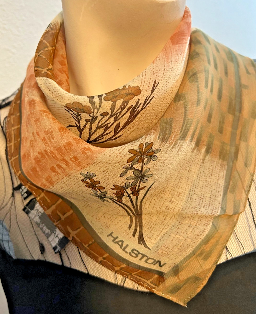 Halston – Vintage 20.5 x 21 In. Brown and Pink Floral Silk Scarf -VS-110