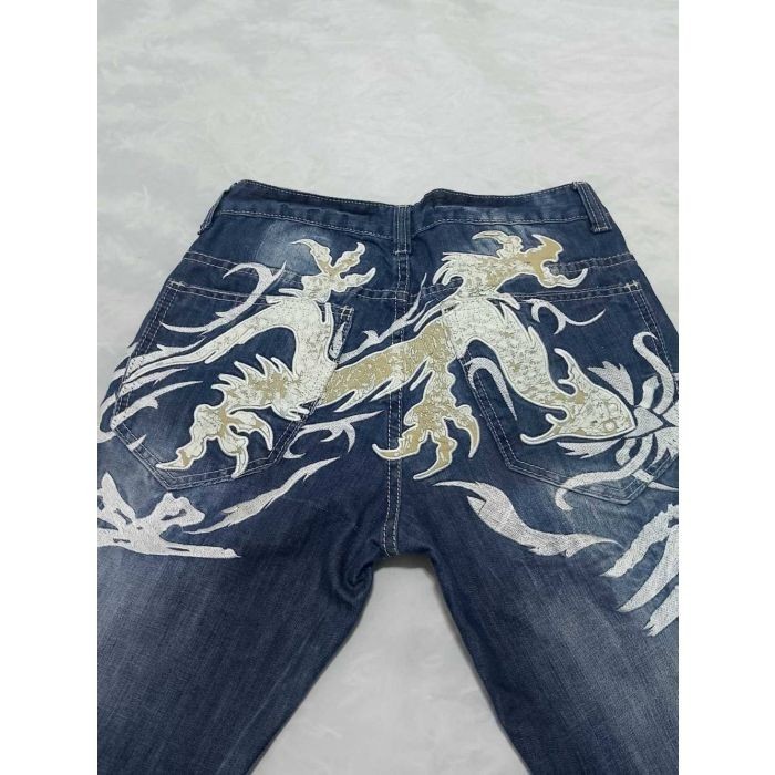 Men’s KOSMO LUPO Jeans Size 30 Distressed Blue Denim Dragon Graphic Y2K Emo