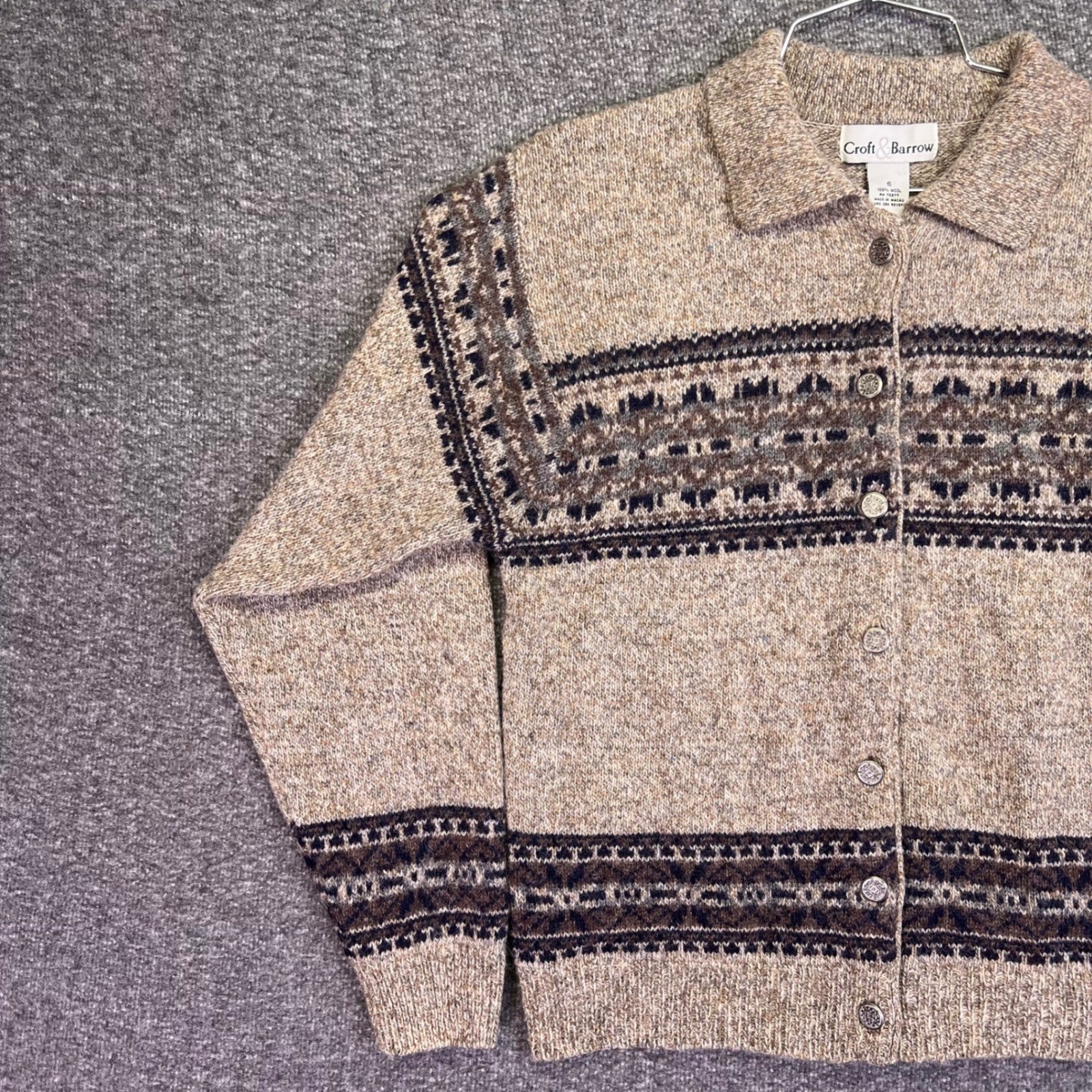Croft & Barrow Wool Cardigan Womens Small Tan Fair Isle Button Casual Collared