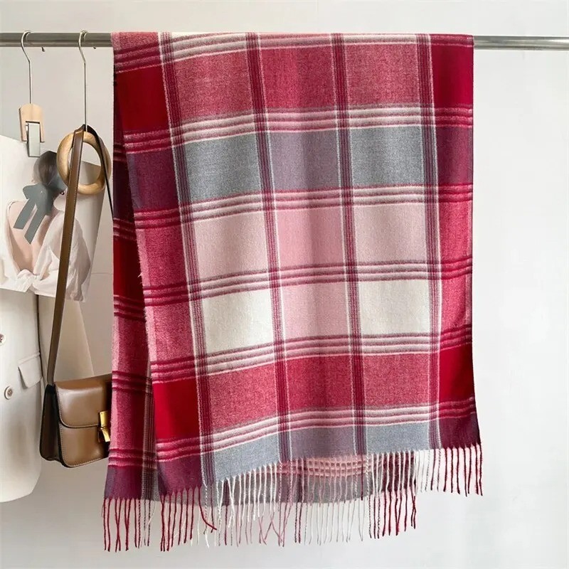 Women Plaid Cashmere Shawl Poncho Winter Pashmina Wrap Scarf Tassel