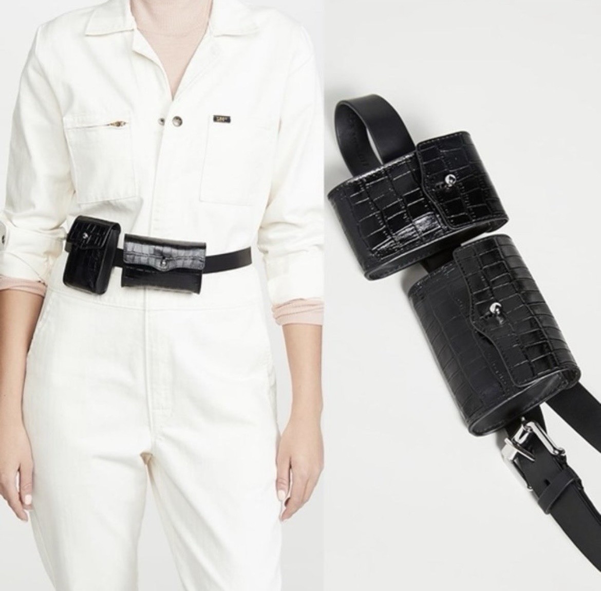 REBECCA MINKOFF | LEATHER CROCODILE EMBOSSED FANNY BELT BAG IN BLACK SMALL/MED
