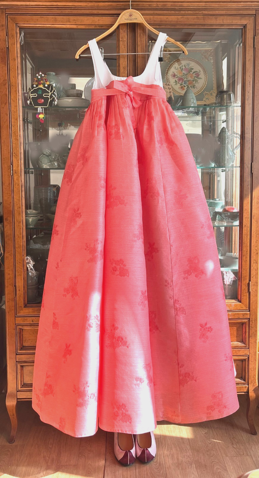 Korean Traditional Dress Hanbok Set-Ivory Jacket & Orange Skirt Bag & Petticoat