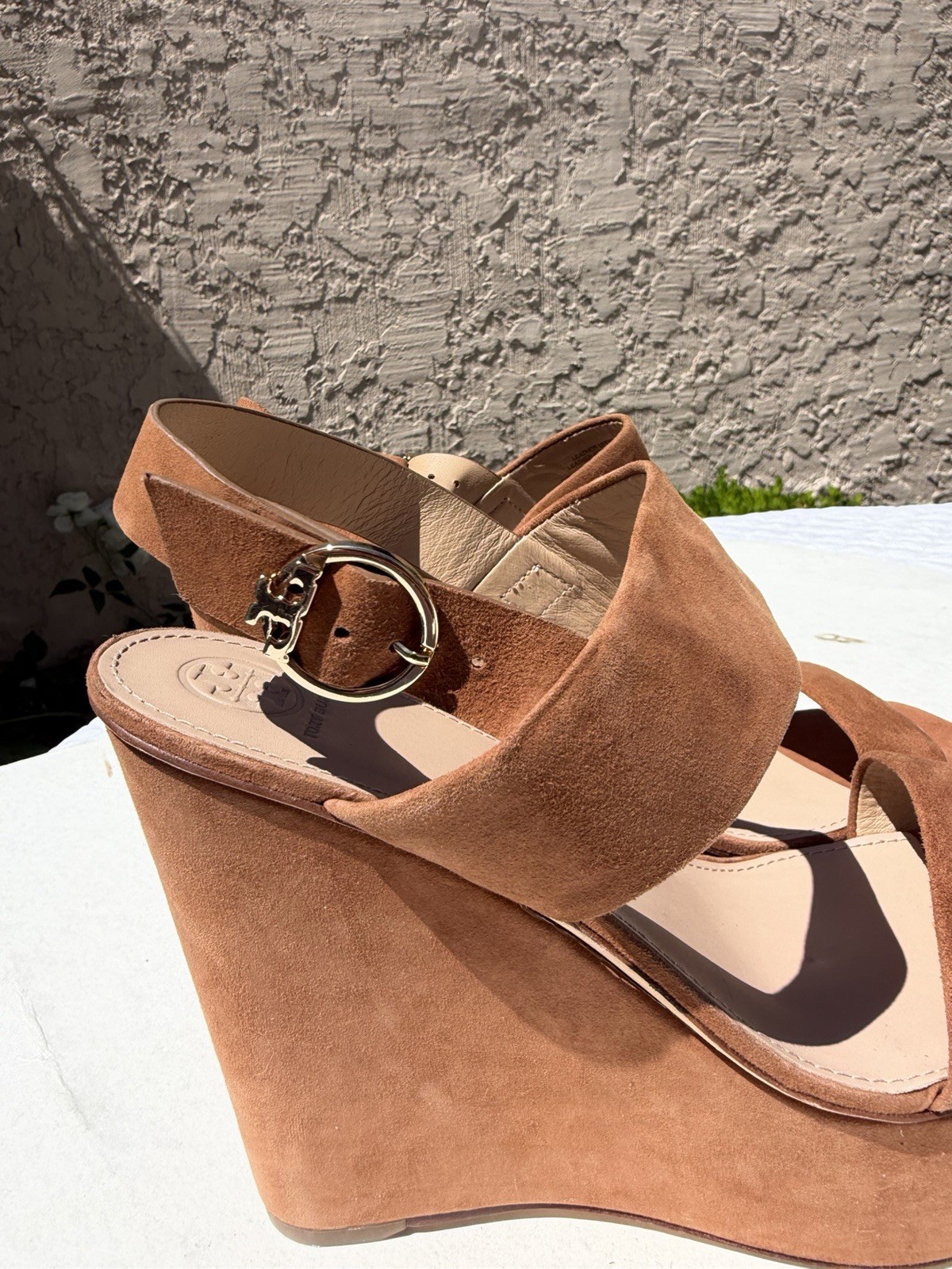 Tory Burch Loretta 120mm Lancaster Cuoio Brown Suede Platform Wedge Sandals 11 M