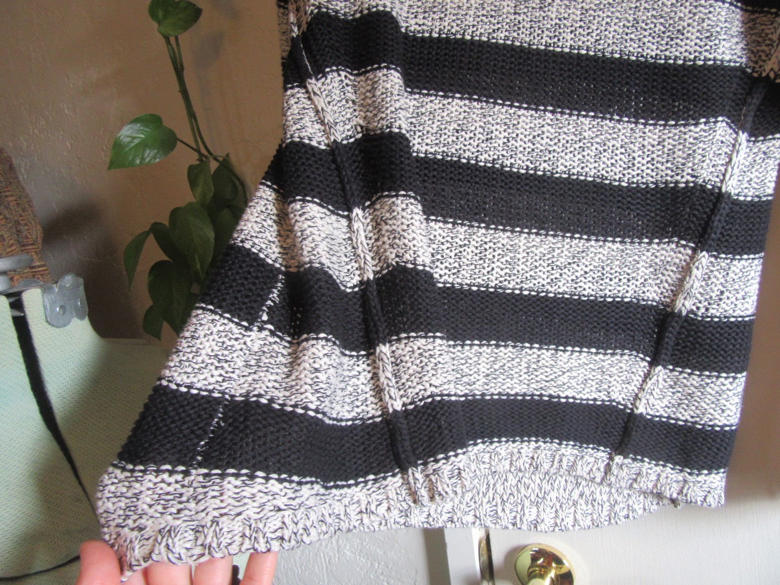 RDI White Black Striped Pullover Open Knit Elbow Pads Casual Preppy Sweater, S