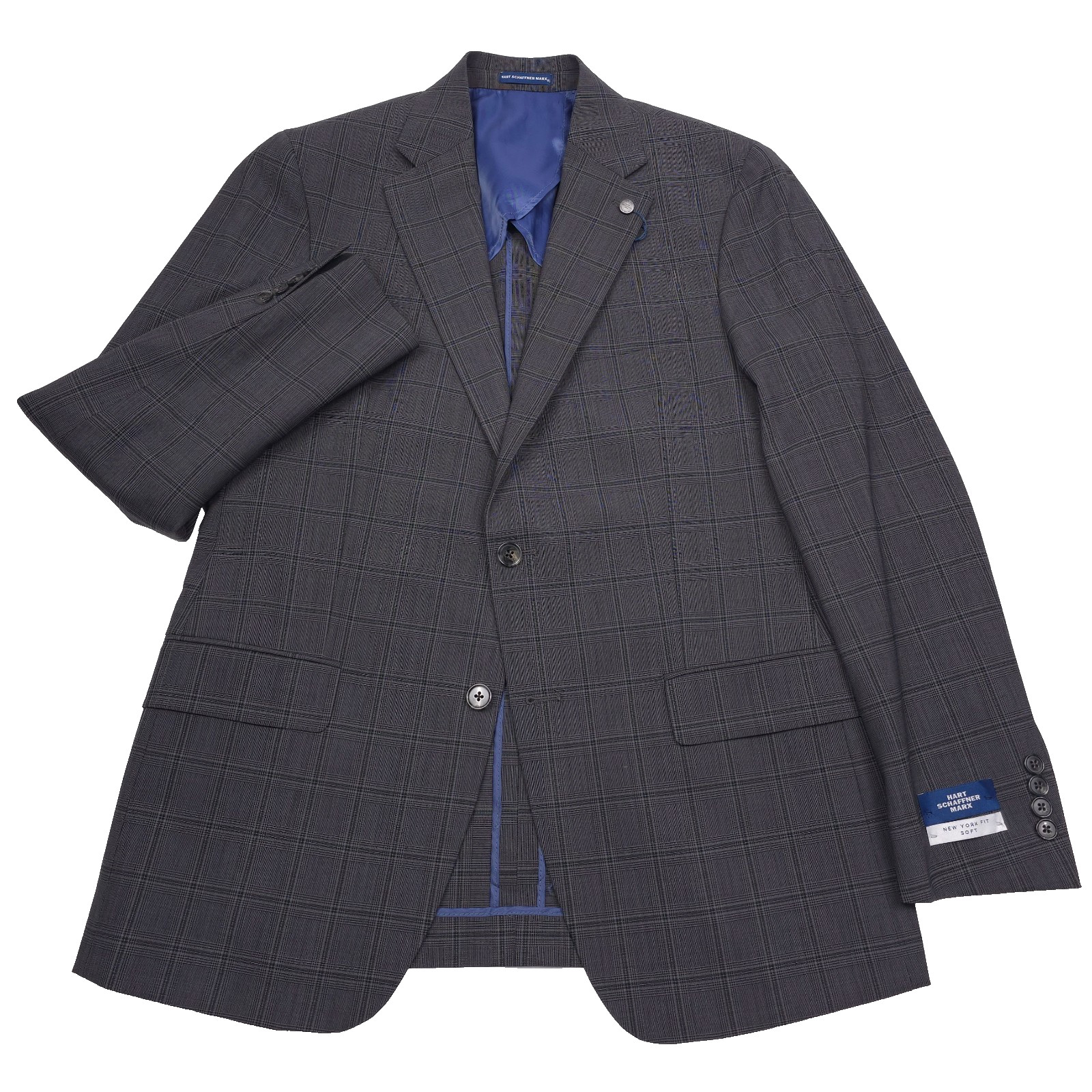 Hart Schaffner Marx Wool Suit Jacket Mens 40S Charcoal Gray Plaid NY Fit Soft