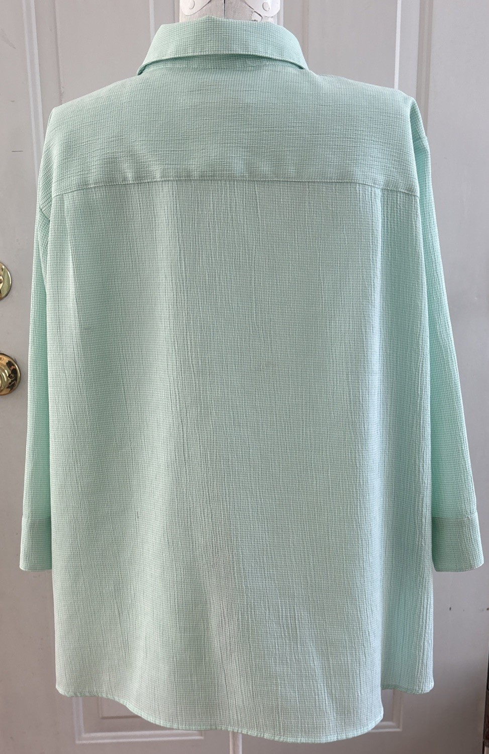 CJ Banks Blouse 3X Mint Green&White Check 3/4 Sleeves Button Down Casual READ!!!