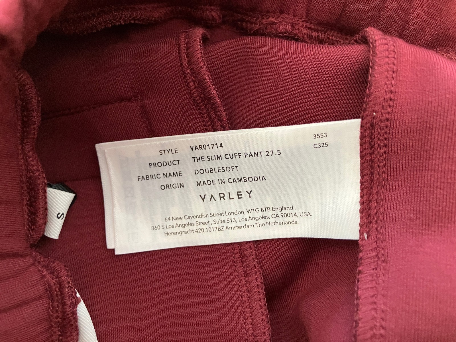 Varley Slim Cuff Pants 27.5 DoubleSoft Maroon Size S NEW
