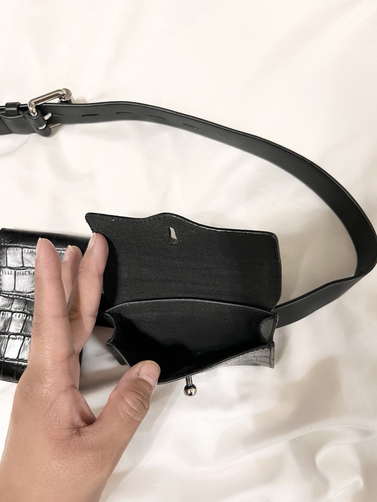 REBECCA MINKOFF | LEATHER CROCODILE EMBOSSED FANNY BELT BAG IN BLACK SMALL/MED