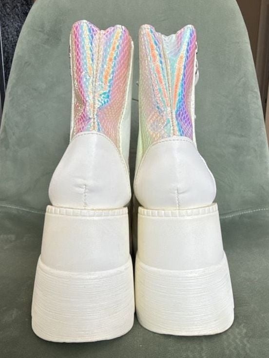 Holographic Wedge Platform Boots, White and Iridescent, Size CN36 (US Women’s 6)