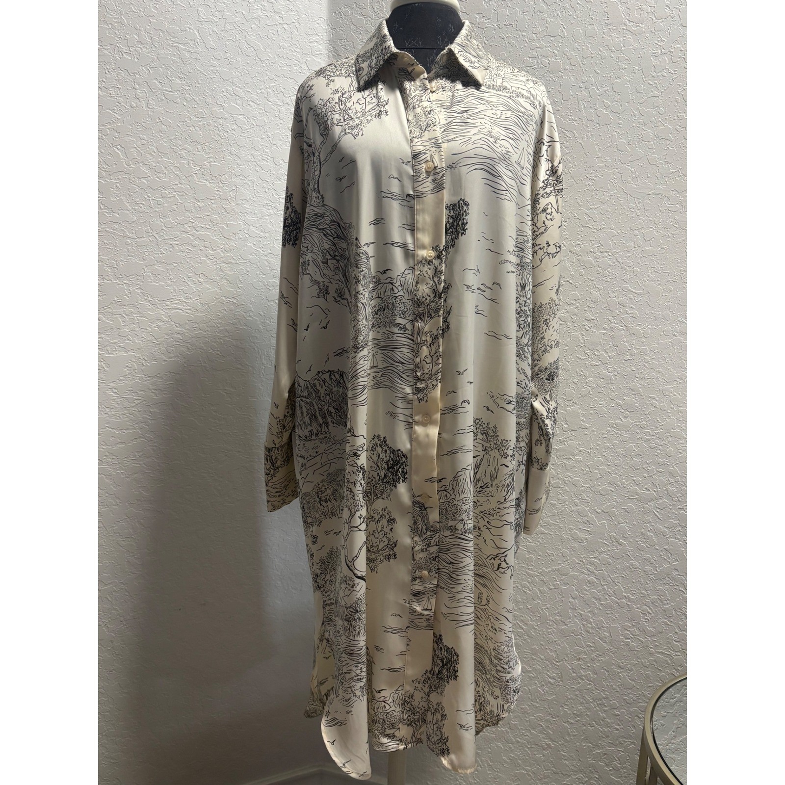HM Womens Large Cream Black Scenic Toile Print Satin Shirt Dress Long Sleeve L