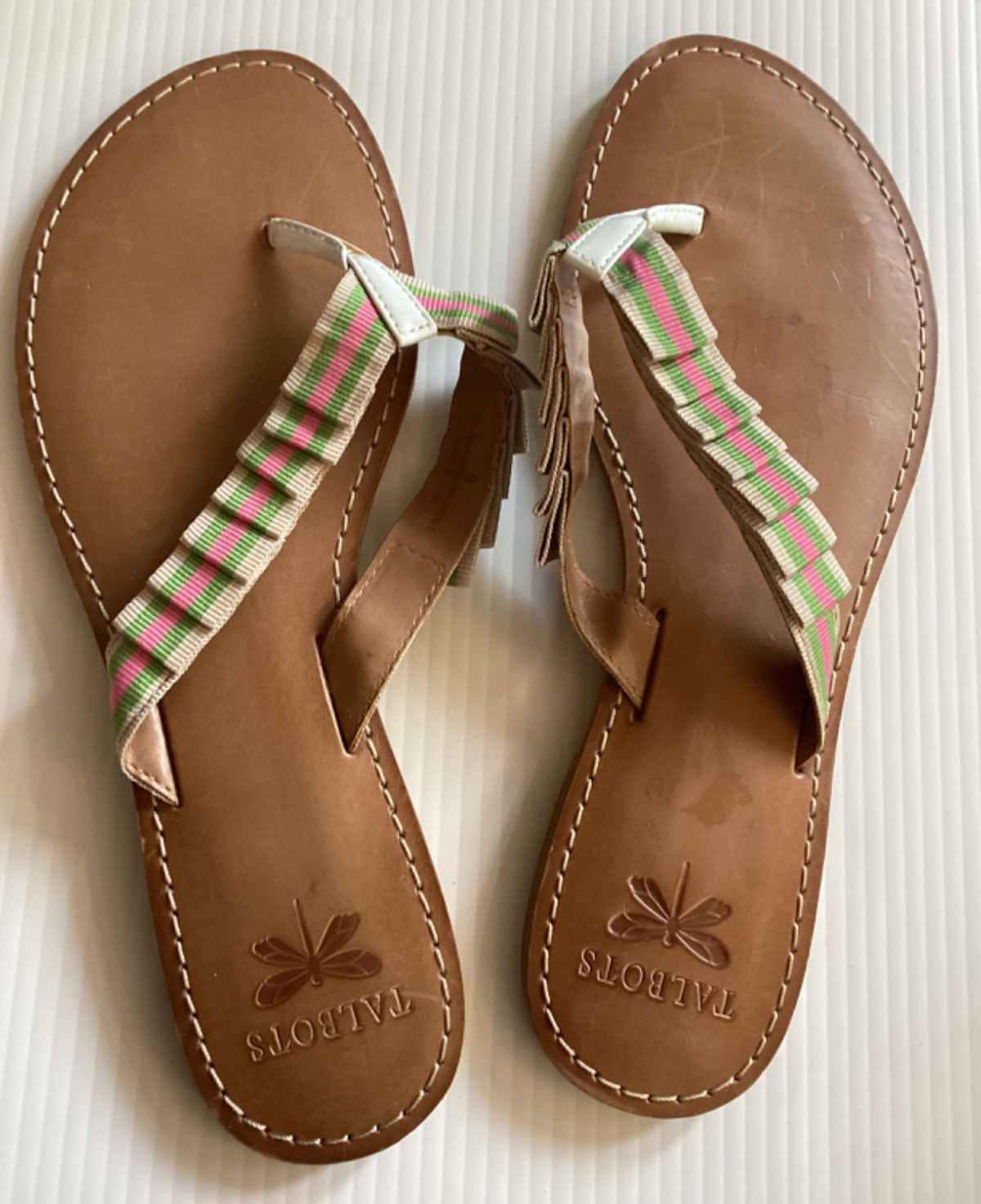 Talbots FLIP FLOPS Ribbon Ruffle GREEN PINK TAN Stripe SANDAL Thong WOMEN Size 8