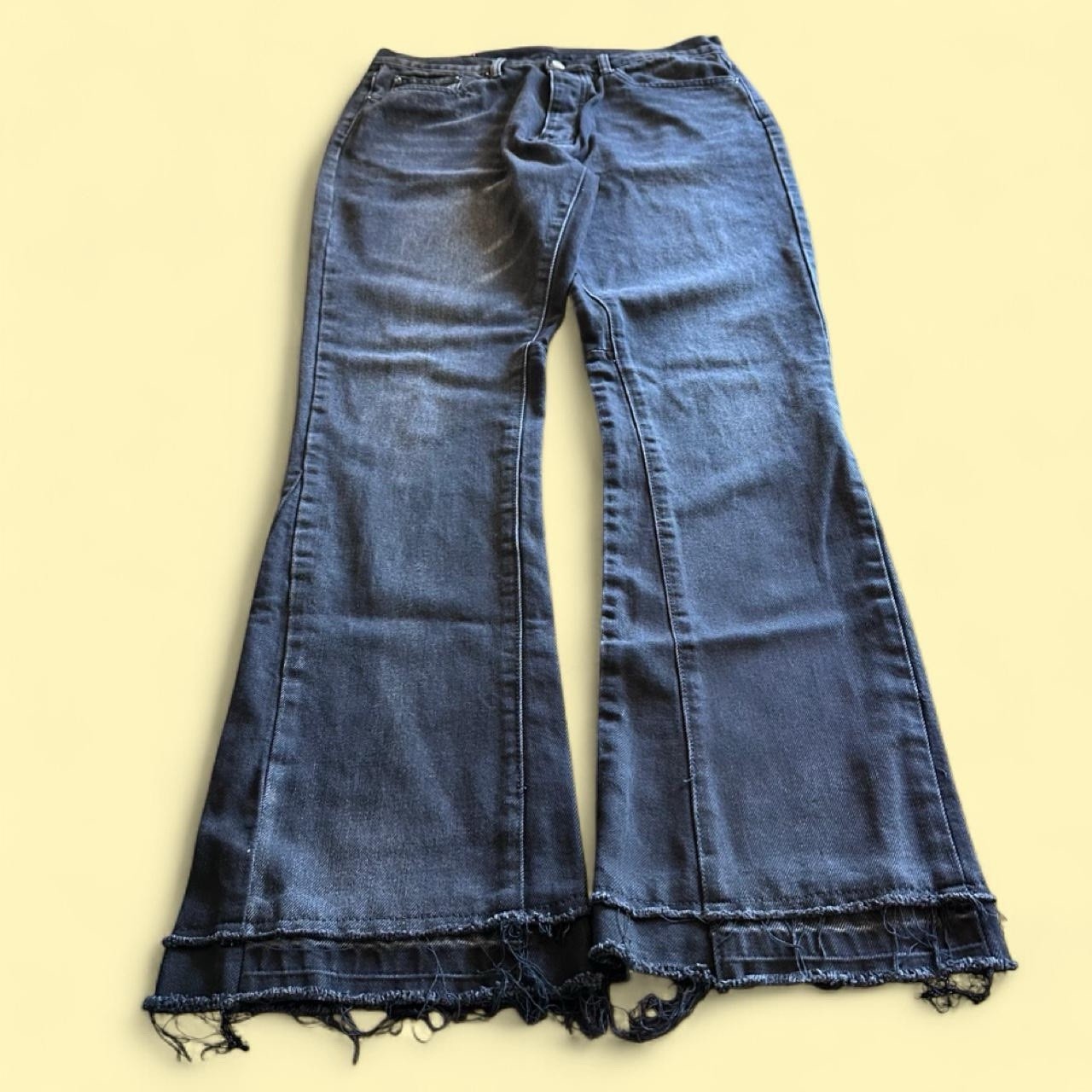 MNML Black Wash Flare Jeans Men’s 34 Distressed Hem Denim
