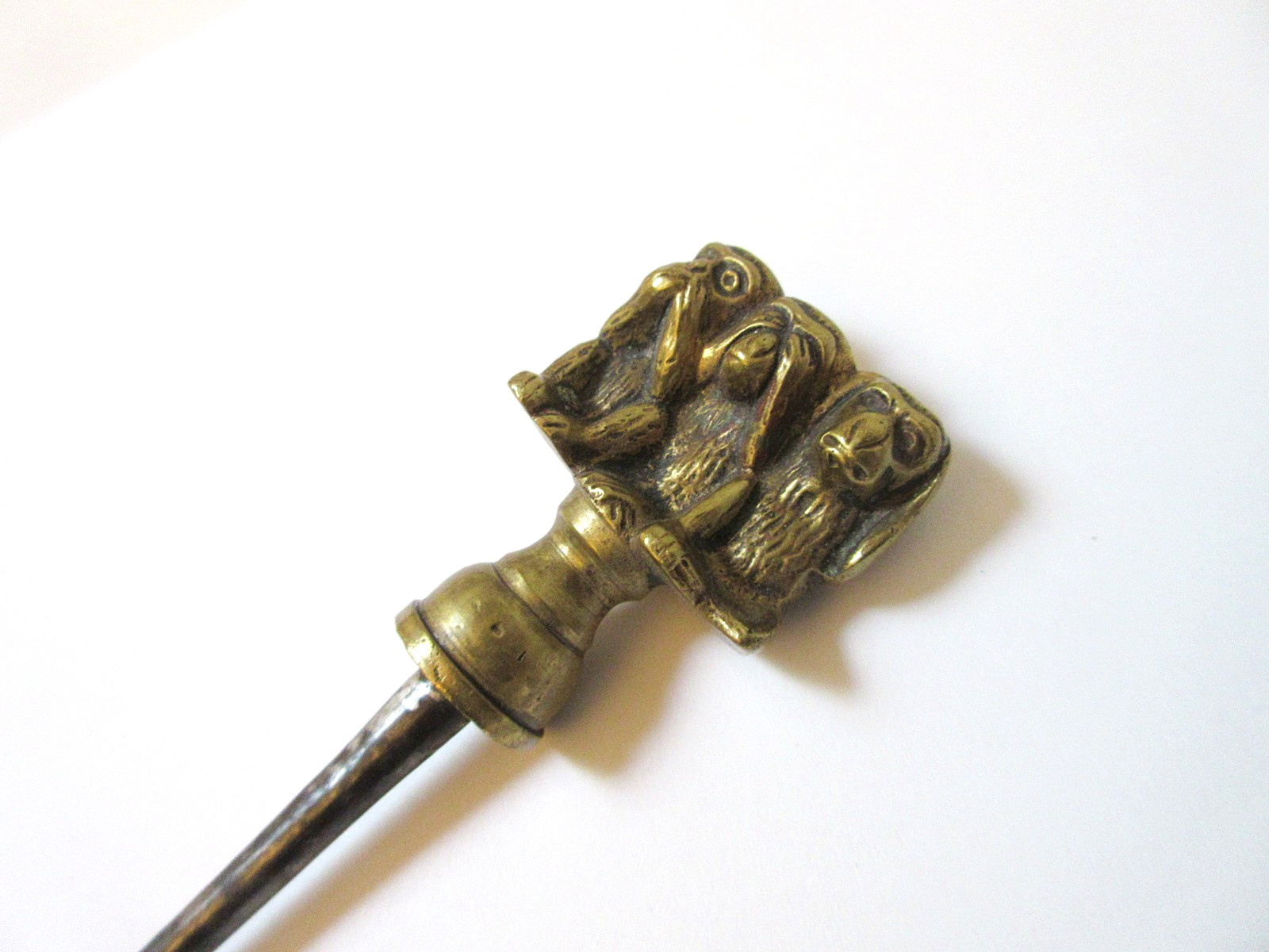 Antique Brass Button Hook Three Monkeys See No Evil