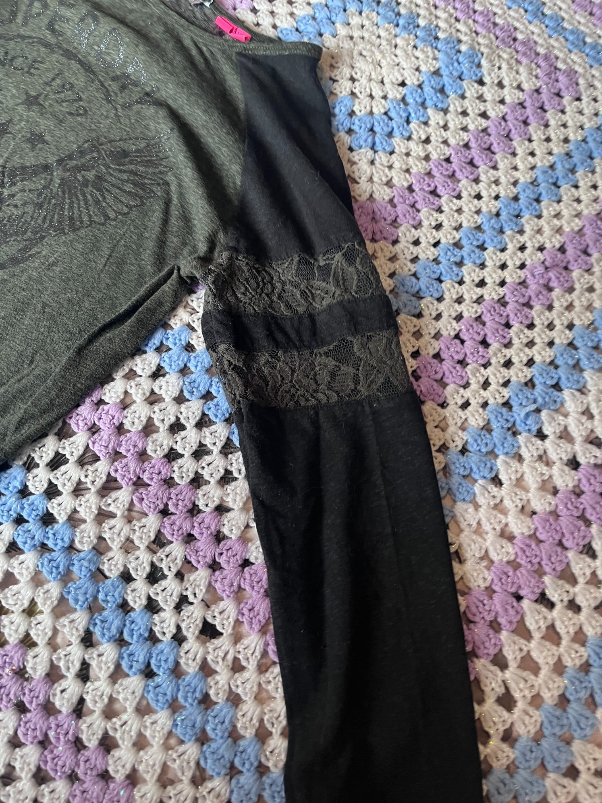 SUPERDRY DARK GREEN AND BLACK LONG SLEEVED TOP WITH LACE CUT OUTS